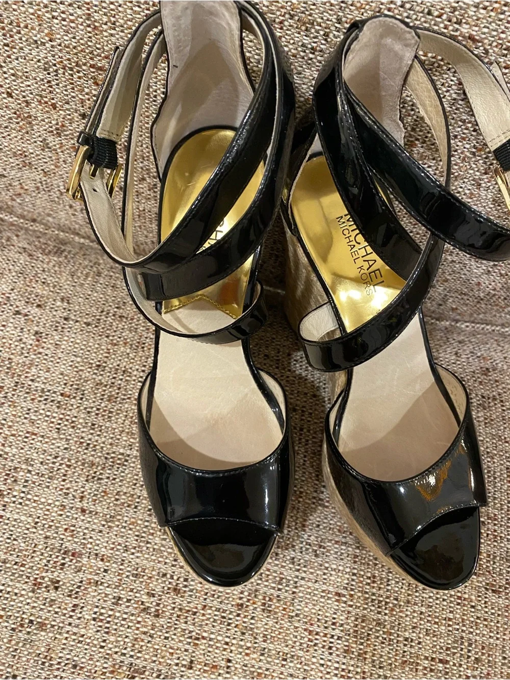 Michael Kors Black Patent Espadrille Platform Wedge Sandals